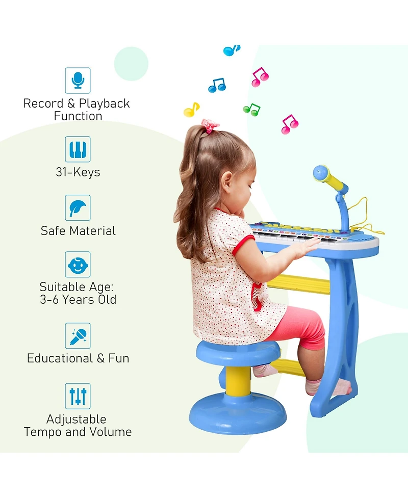 Qaba Kids Toddler Toy Piano Keyboard w/ Sitting Stool & Working Microphone,