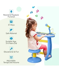 Qaba Kids Toddler Toy Piano Keyboard w/ Sitting Stool & Working Microphone,