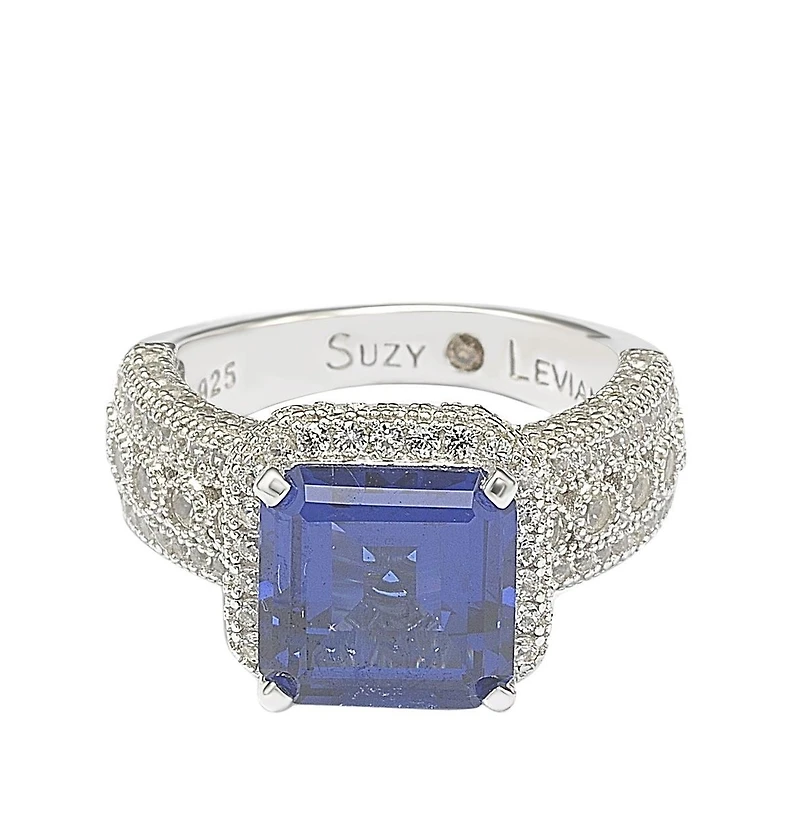 Suzy Levian New York Sterling Silver Sapphire & Created White Sapphire Emerald-Cut Ring