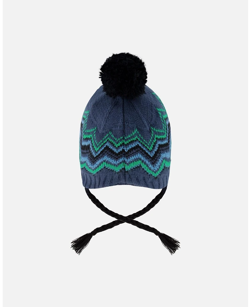 Deux par Boy Lined Peruvian Knit Pompom Hat Blue and Green - Toddler|Child