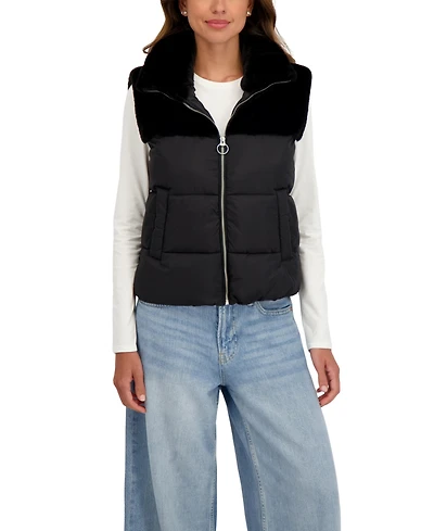 Sebby Collection Women's Short Mix Media Puffer Vest