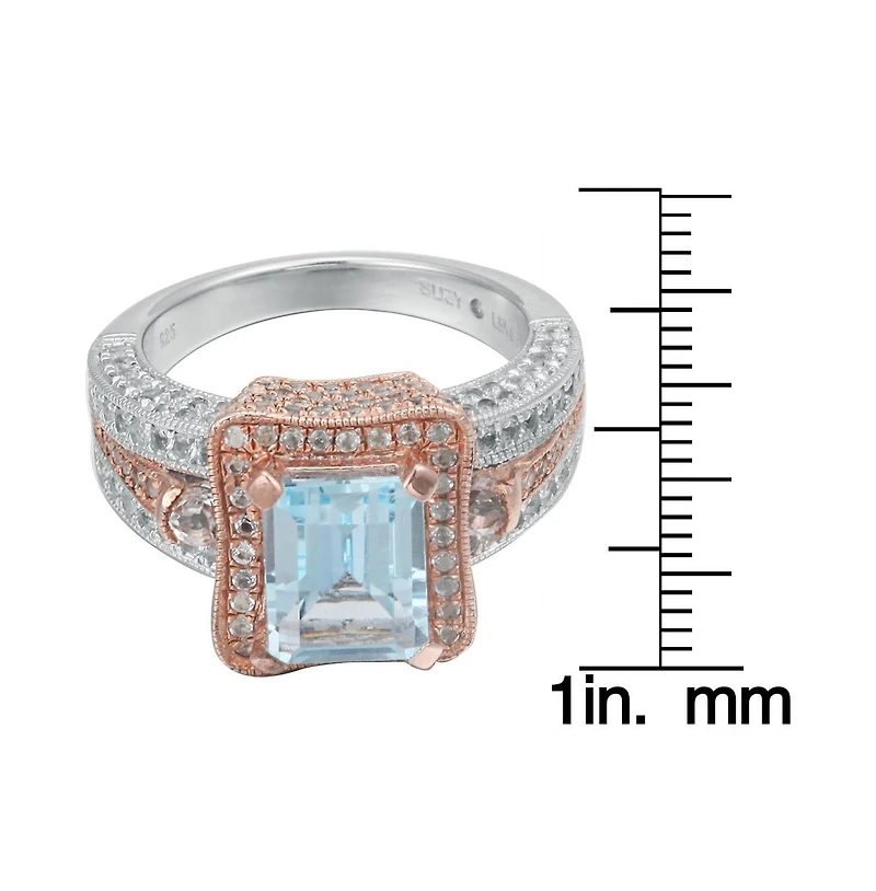 Suzy Levian Two-Tone Sterling Silver Emerald Cut Center Topaz Cocktail Milano Ring