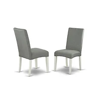East West Furniture 3 Piece Wood Dining Table Set Includes 1 Drop Leaves Dining Room Table and 2 Grey Linen Fabric Padded Chair with High Back