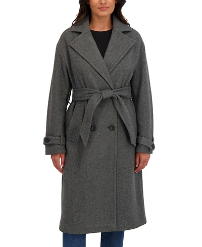 Sebby Collection Women's Long Belted Oversized Double Breasted Faux Wool Coat