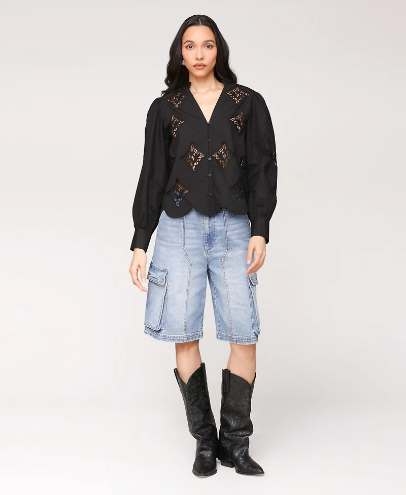 Avec Les Filles Women's Puff Sleeve Cropped Lace Scallop Button Up Blouse