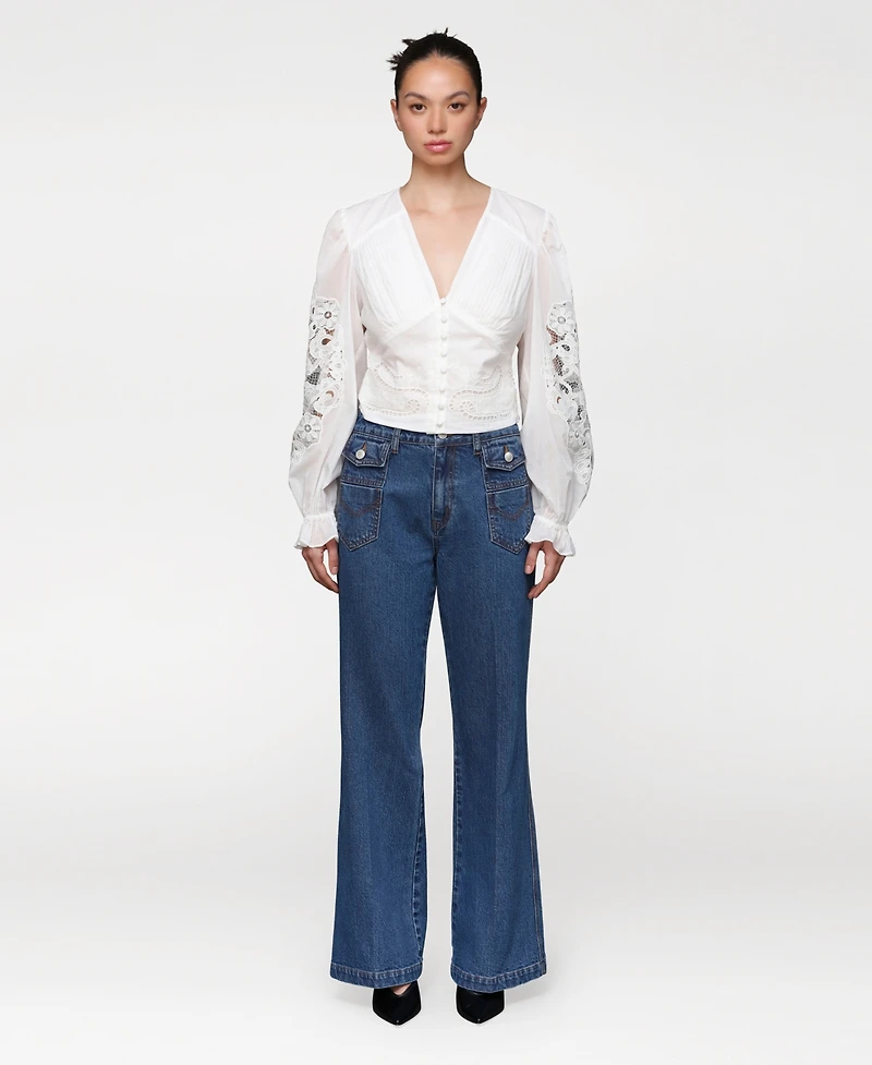 Avec Les Filles Women's Flare Leg Patch Pocket Denim Jeans