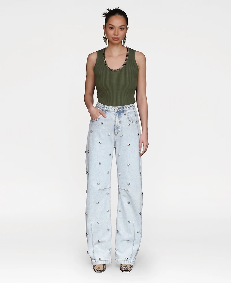 Avec Les Filles Women's All Over Stud Straight Leg Denim Jeans