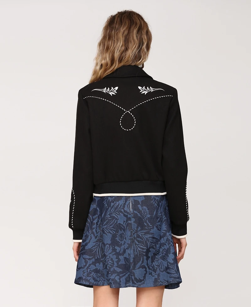 Avec Les Filles Women's Western Bomber Piping and Embroidery Jacket