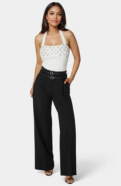 Bebe Women's High Waist Double Belted Palazzo Pant
