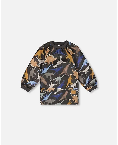 Deux par Deux Boy School Apron Black Dinosaur Print - Toddler|Child