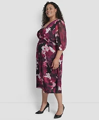 Dkny Plus Bubble Sleeve Surplice Neck Front Knot Midi Dress