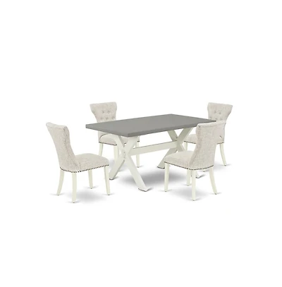East West Furniture 5-Pc Dining Table Set- 4 Dining Padded Chairs with Doeskin Linen Fabric Seat and Button Tufted Chair Back