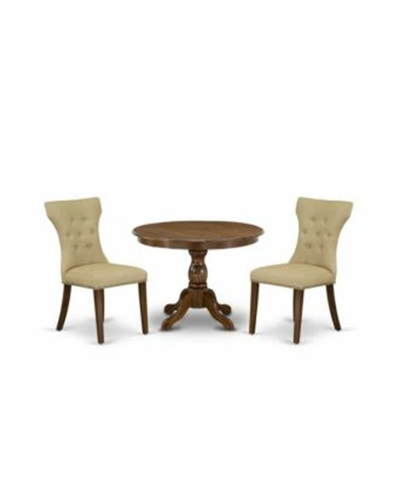 East West Furniture 3 Piece Kitchen Set Acacia Walnut Breakfast Table 2 Brown Linen Fabric Kitchen Dining Room Chairs Button Tufted Back With Nail Heads Acacia Walnut Finish