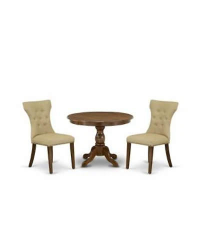 East West Furniture 3 Piece Kitchen Set Acacia Walnut Breakfast Table 2 Brown Linen Fabric Kitchen Dining Room Chairs Button Tufted Back With Nail Heads Acacia Walnut Finish