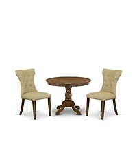East West Furniture 3 Piece Kitchen Set Acacia Walnut Breakfast Table 2 Brown Linen Fabric Kitchen Dining Room Chairs Button Tufted Back With Nail Heads Acacia Walnut Finish