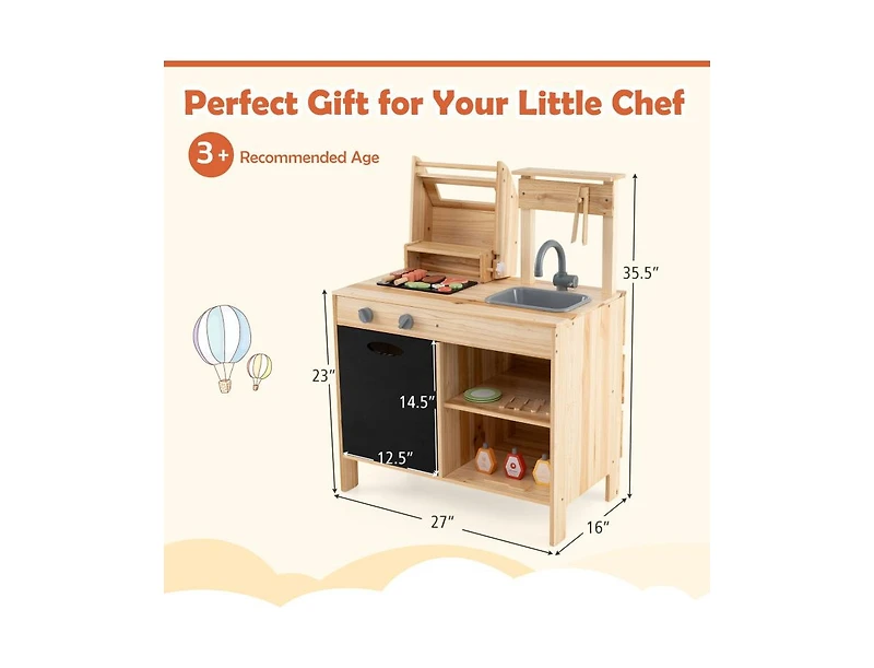 Akiudex Wooden Barbecue Grill Playset with Chalkboard, Sink, and Cabinet