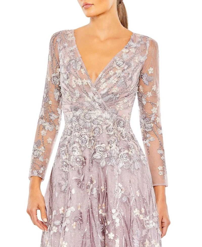Mac Duggal Women's Draped Sleeve V Neck Gown
