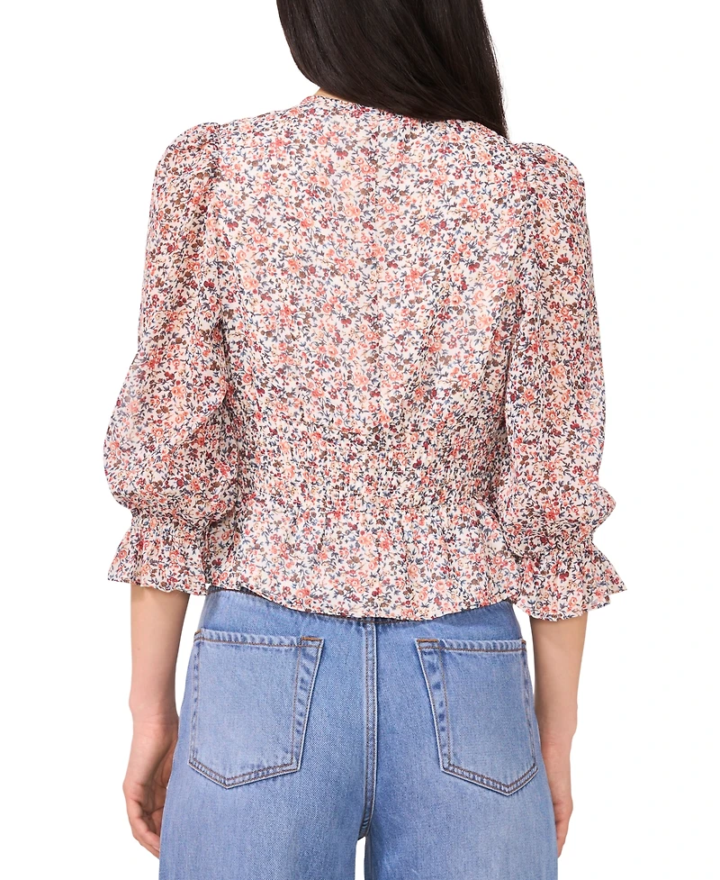 1.state Women's Smocked Waist 3/4-Sleeve Button Down Blouse