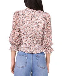 1.state Women's Smocked Waist 3/4-Sleeve Button Down Blouse