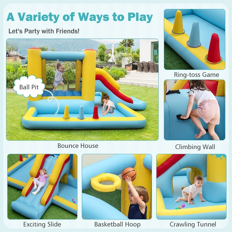 Inflatable Bounce House 7-in-1 Bouncy Castle with Slide and Tunnel, 550W Blower