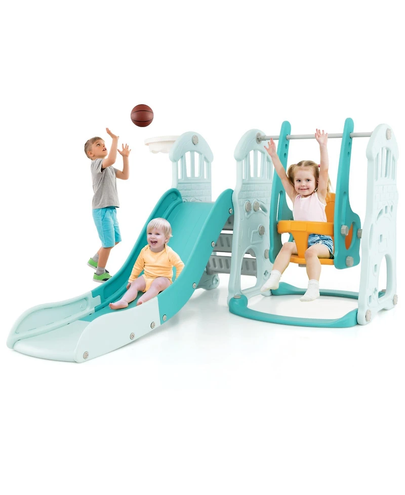 Toddler Slide and Swing Set with Extra-Long Slide, Height Adjustable Swing, Basketball Hoop, and Climber