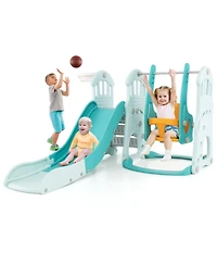 Toddler Slide and Swing Set with Extra-Long Slide, Height Adjustable Swing, Basketball Hoop, and Climber
