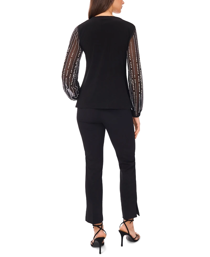 Msk Women's V-Neck Beaded Sleeve Top
