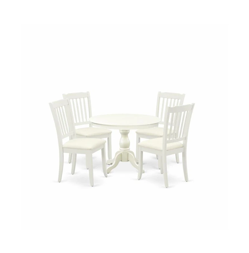 East West Furniture 5 Piece Kitchen Set - Linen White Round Dining Table and 4 Linen White Dining Chairs with Slatted Back - Linen White Finish