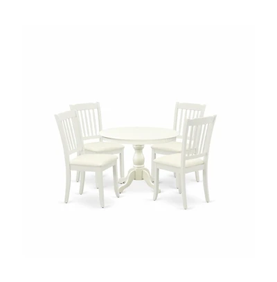 East West Furniture 5 Piece Kitchen Set - Linen White Round Dining Table and 4 Linen White Dining Chairs with Slatted Back - Linen White Finish