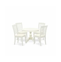 East West Furniture 5 Piece Kitchen Set - Linen White Round Dining Table and 4 Linen White Dining Chairs with Slatted Back - Linen White Finish