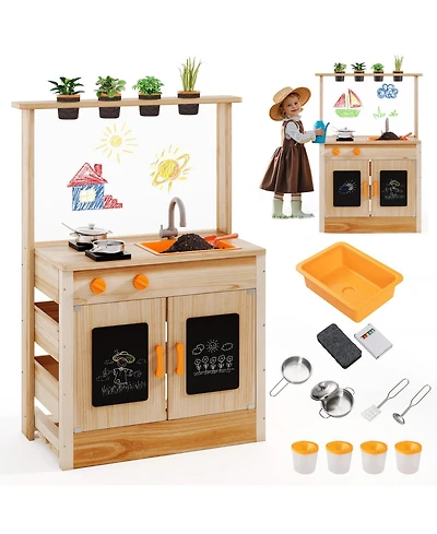 Kids Mud Kitchen Fir Wood Playset with Planting Pots and Blackboards