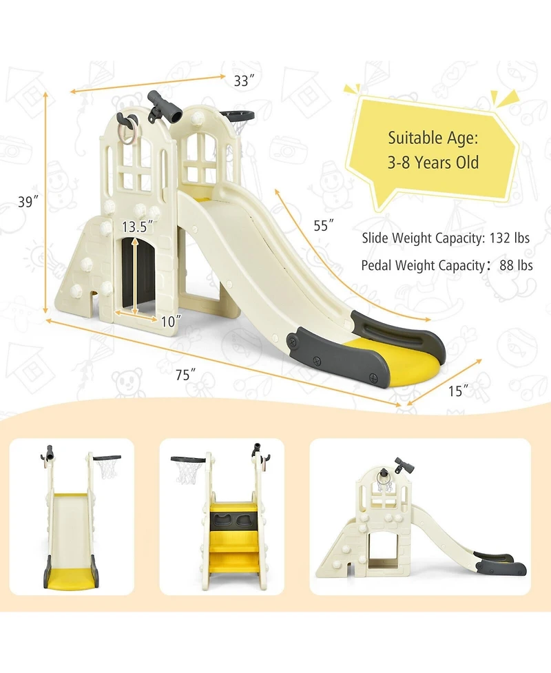 6-in-1 Large Slide for Kids Toddler Climber Slide Playset with Basketball Hoop