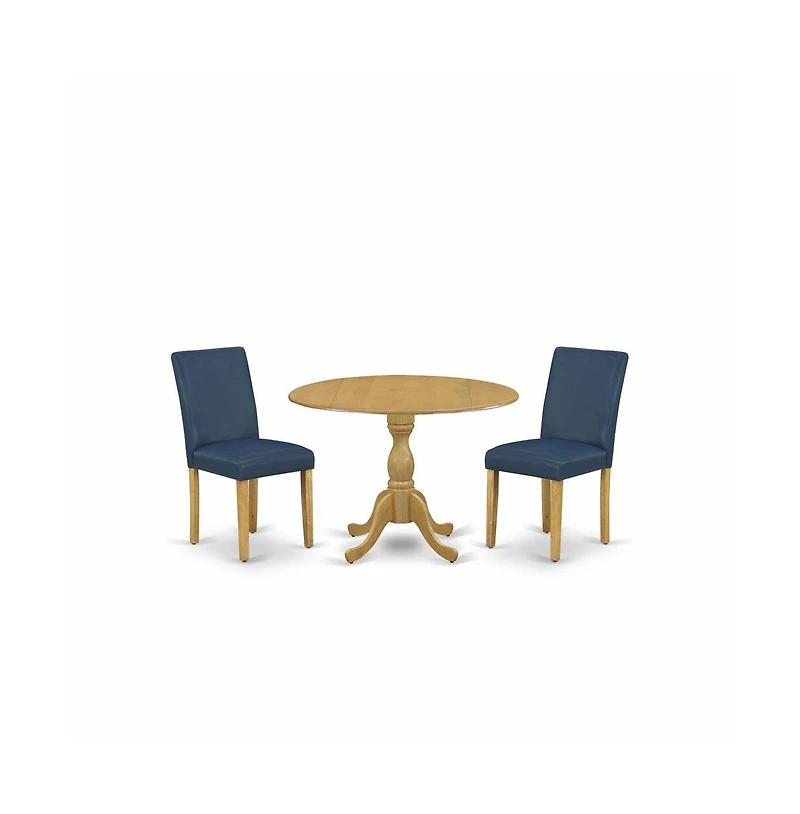 East West Furniture 3 Piece Kitchen Table Set - Oak Dining Table and 2 Oasis Blue Pu Leather Dining Room Chairs with High Back - Oak Finish