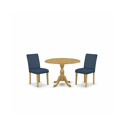 East West Furniture 3 Piece Kitchen Table Set - Oak Dining Table and 2 Oasis Blue Pu Leather Dining Room Chairs with High Back - Oak Finish