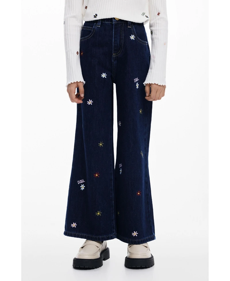 Desigual Girls's Embroidered cropped wide jeans