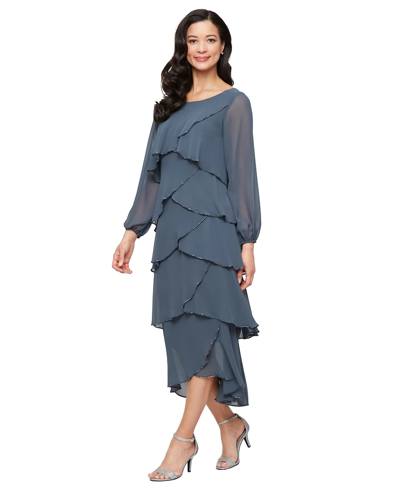 Sl Fashions Women's Tea Length Bugle Beads Tiered Dress