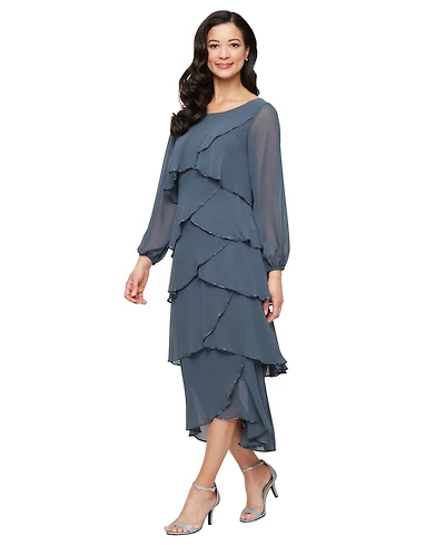 Sl Fashions Women's Tea Length Bugle Beads Tiered Dress