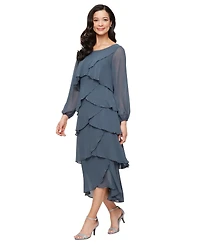 Sl Fashions Women's Tea Length Bugle Beads Tiered Dress