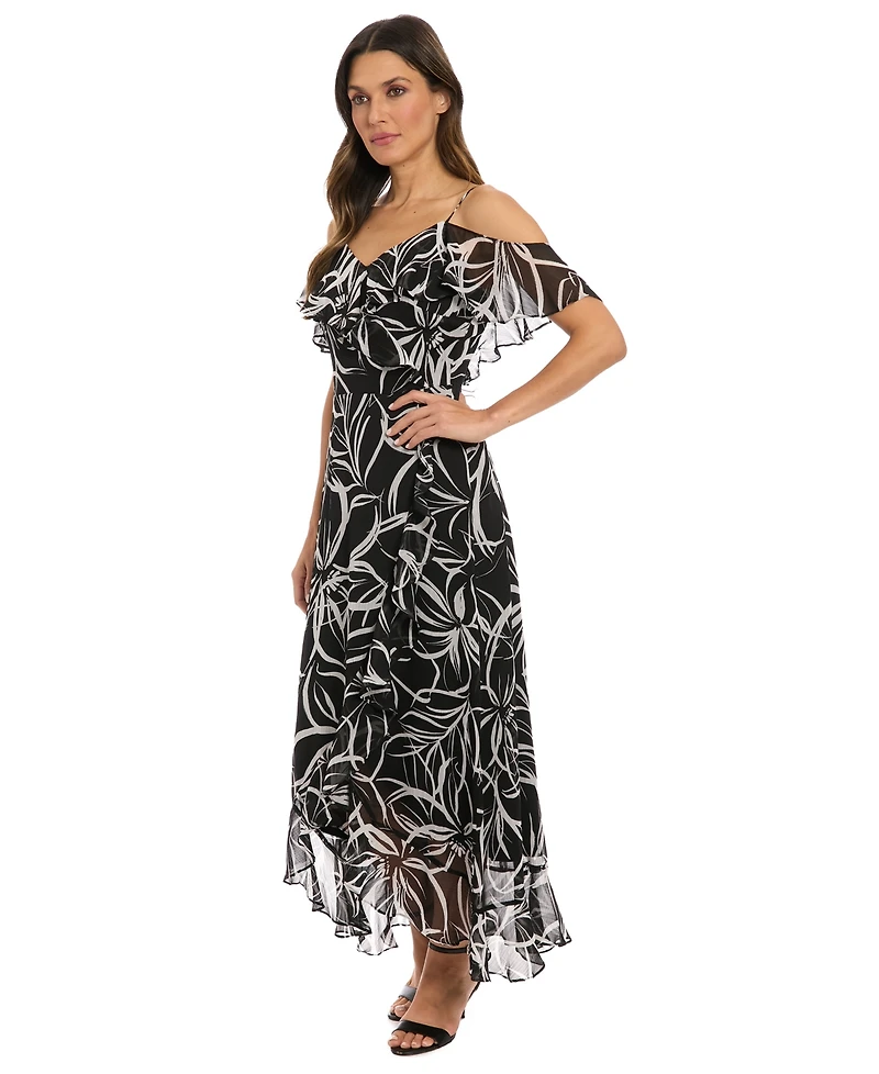 London Times Petite Printed Cold-Shoulder Maxi Dress