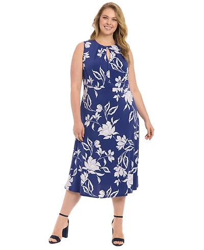 London Times Plus Printed Sleeveless Midi Dress