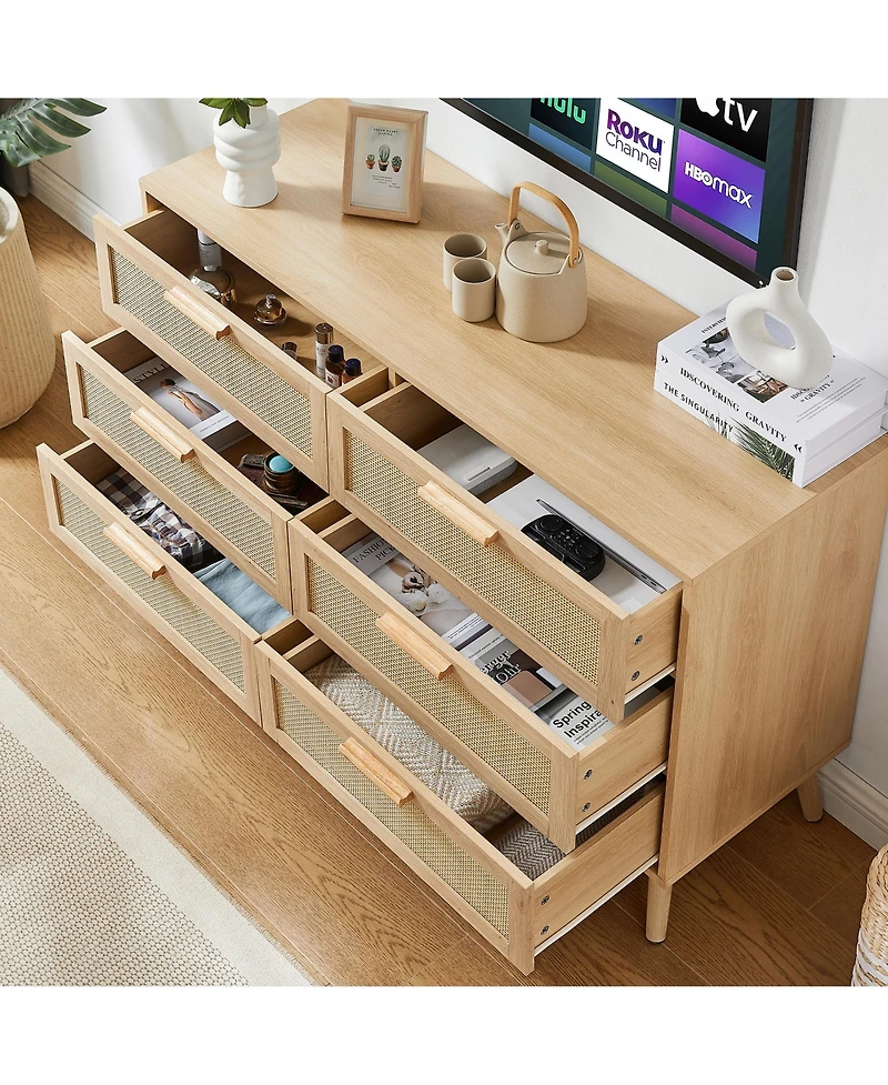 Casainc Wooden Storage Cabinet Double Dresser with rattan drawers