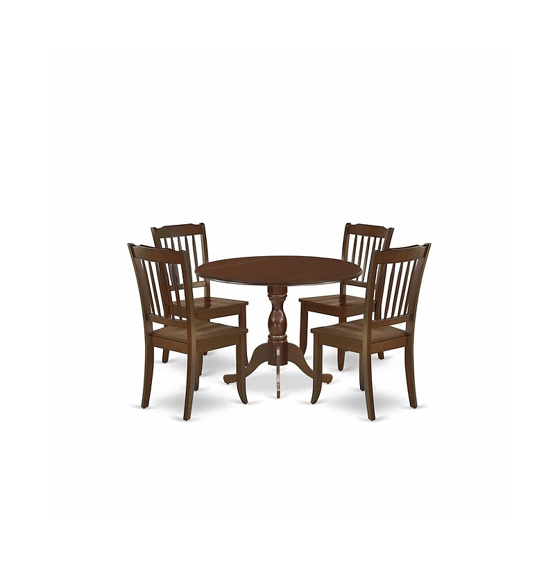 East West Furniture 5 Piece Dining Room Set Consists of 1 Drop Leaves Dining Room Table and 4 Mahogany Dining Chair with Slatted Back
