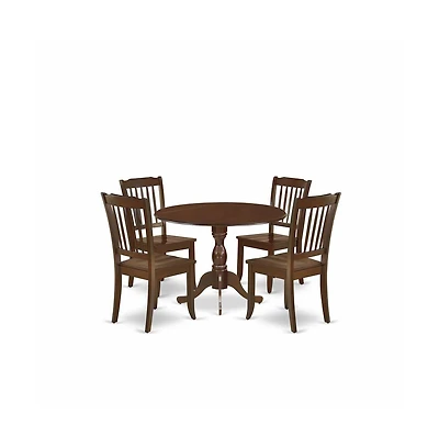 East West Furniture 5 Piece Dining Room Set Consists of 1 Drop Leaves Dining Room Table and 4 Mahogany Dining Chair with Slatted Back