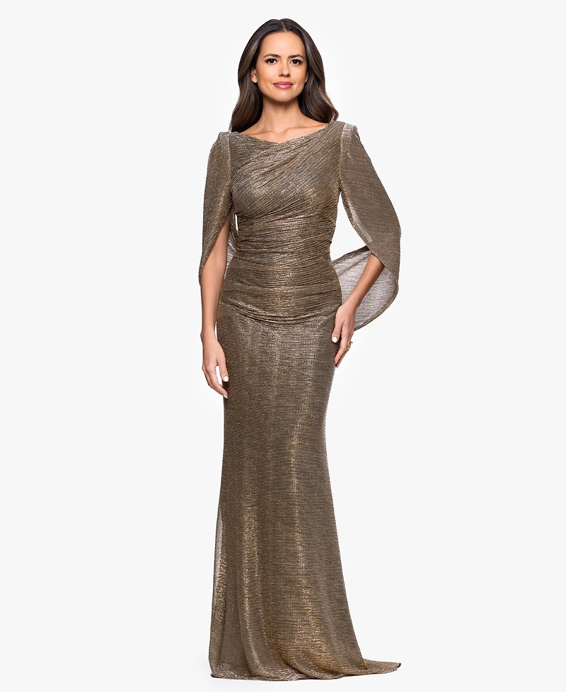 Betsy & Adam Women's Long Metallic Crinkle Drape Back Boat Neck Dress