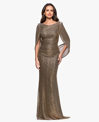 Betsy & Adam Women's Long Metallic Crinkle Drape Back Boat Neck Dress