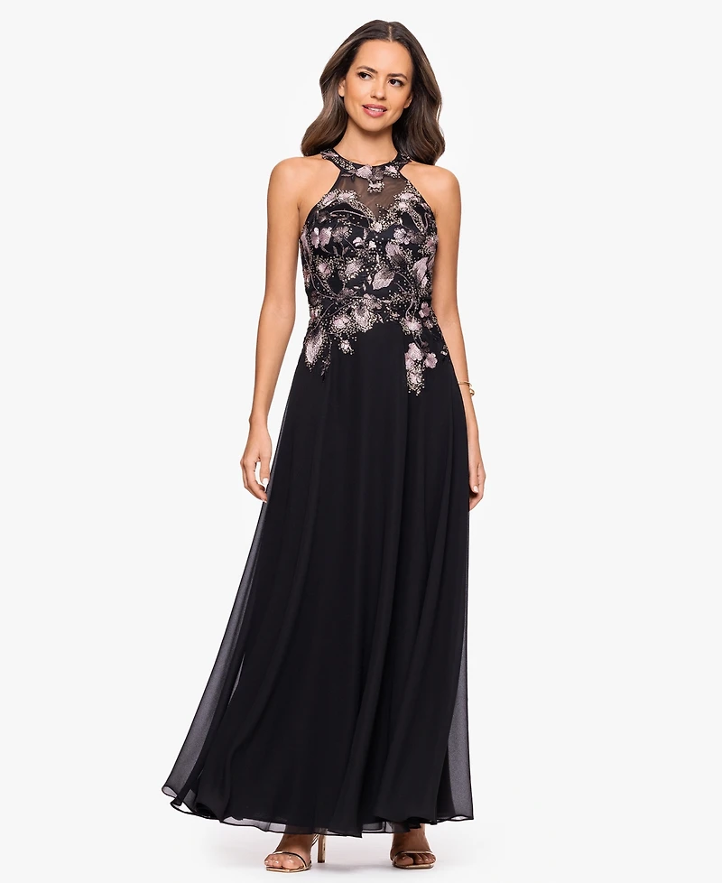 Betsy & Adam Women's Long Mesh Sequin Embroidered Sleeveless Dress