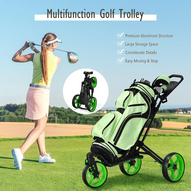 Folding Golf Push Cart with Scoreboard, Adjustable Handle, and Swivel Wheel - Green