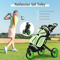 Folding Golf Push Cart with Scoreboard, Adjustable Handle, and Swivel Wheel - Green