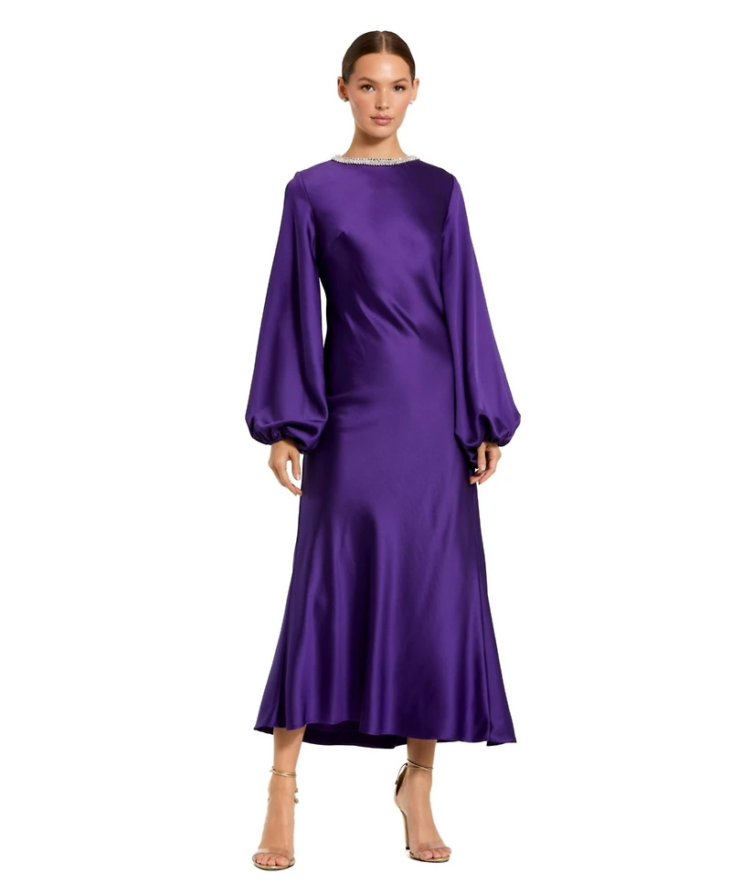 Mac Duggal Women's High Neck Long Sleeve Crystal Detail Dress