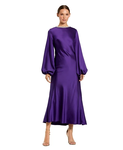 Mac Duggal Women's High Neck Long Sleeve Crystal Detail Dress